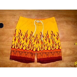 Utility Mens Board Shorts Size 38 Yellow Red Flame Tiki Print Y2K Swim Trunks